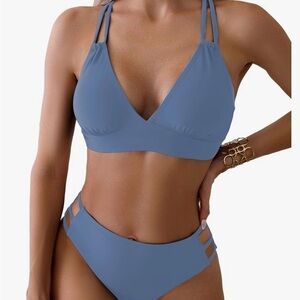 Blue Cheeky Back Cross Bikini High Waisted High Cut Side Straps Bottom M